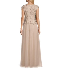 Alex Evenings V Neck Cap Sleeve Embroidered Bodice Stretch Tulle A Line Gown