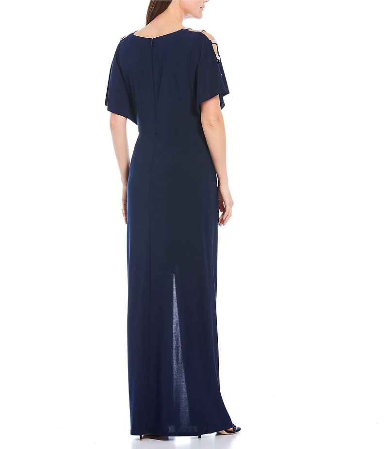 Alex Evenings V Neck Embellished Sleeve Knot Front Long Jersey Dress
