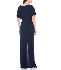Alex Evenings V Neck Embellished Sleeve Knot Front Long Jersey Dress