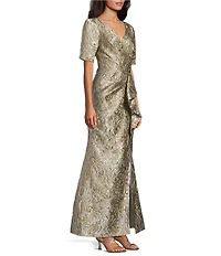 Alex Evenings V Neck Short Sleeve Cascade Ruffle Long Jacquard Dress