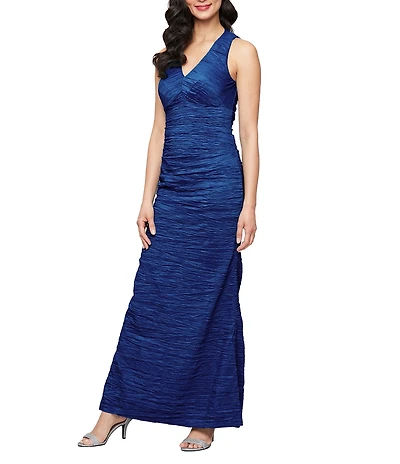 Alex Evenings V-Neck Sleeveless Crinkled Stretch Taffeta Dress