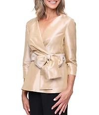 Alex Evenings Washer Taffeta Surplice Neck 3/4 Sleeve Tie Waist Blouse Top