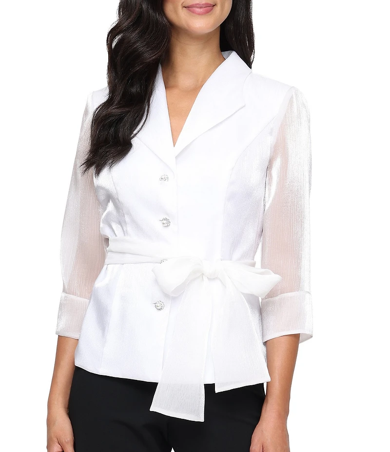 Alex Evenings Yorkyu 3/4 Sleeve Button Front Tie Waist Collared Blouse