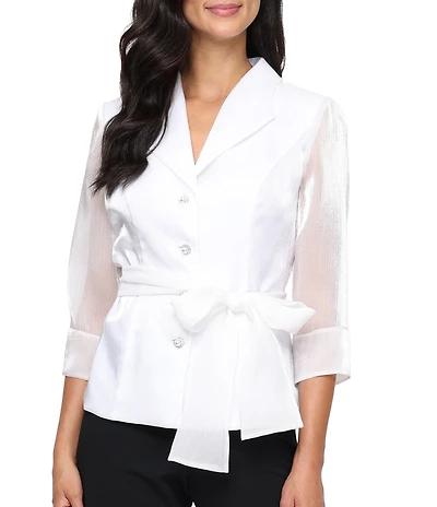 Alex Evenings Yorkyu 3/4 Sleeve Button Front Tie Waist Collared Blouse