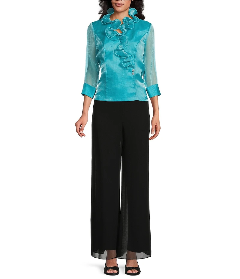 Alex Evenings Yoryu Chiffon Ruffle V-Neck Illusion 3/4 Sleeve Blouse