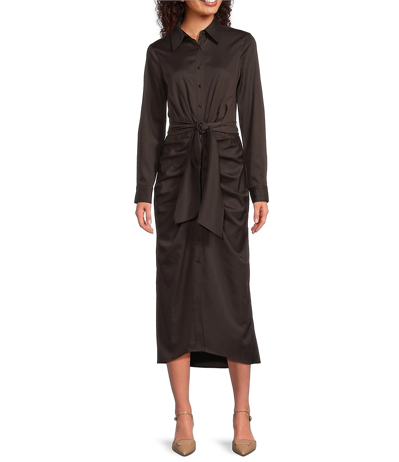 Alex Marie Adriana Long Sleeve Collared Tie Waist Maxi Dress