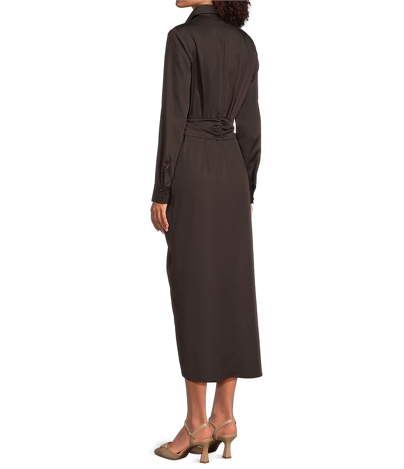 Alex Marie Adriana Long Sleeve Collared Tie Waist Maxi Dress
