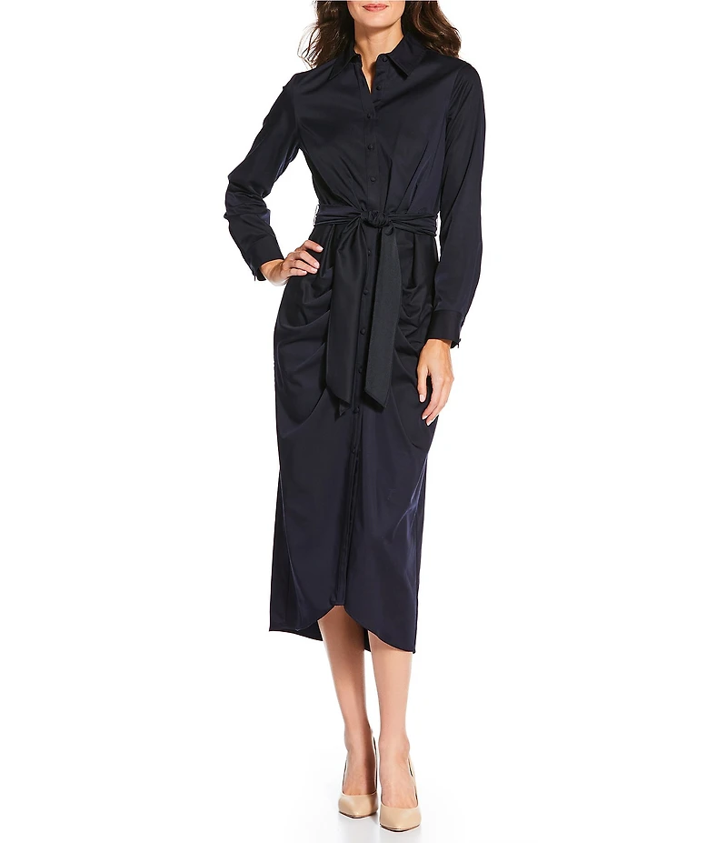 Alex Marie Adriana Long Sleeve Collared Tie Waist Maxi Dress