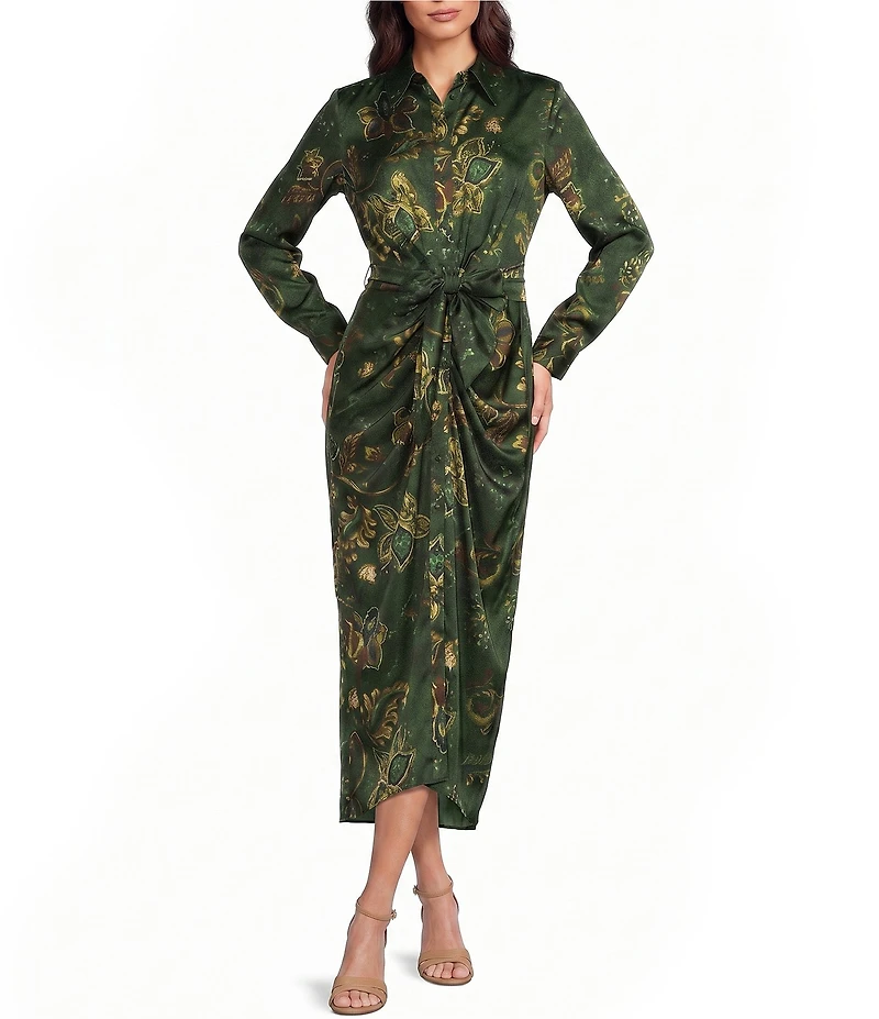Alex Marie Adriana Printed Satin Collared Long Sleeve Tie Waist Dress