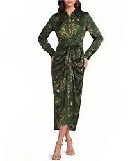 Alex Marie Adriana Printed Satin Collared Long Sleeve Tie Waist Dress