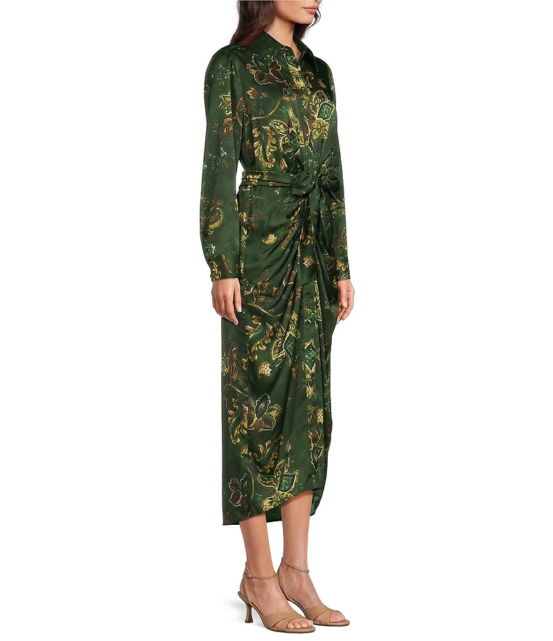 Alex Marie Adriana Printed Satin Collared Long Sleeve Tie Waist Dress