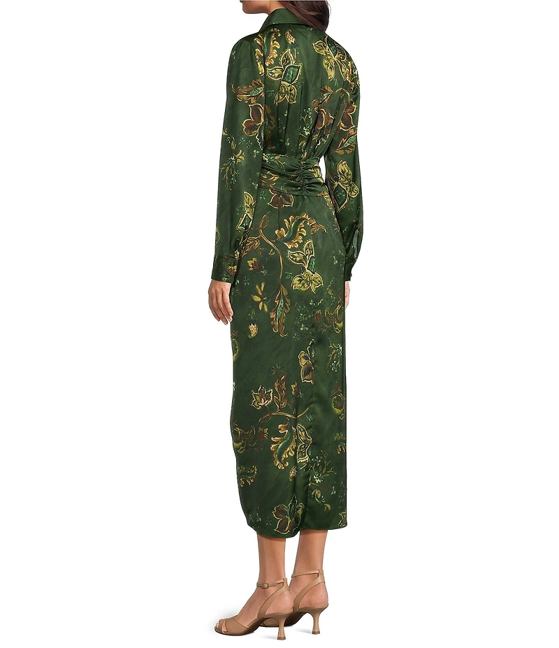 Alex Marie Adriana Printed Satin Collared Long Sleeve Tie Waist Dress
