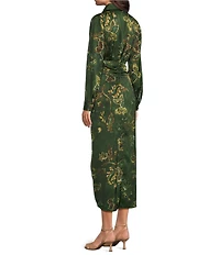 Alex Marie Adriana Printed Satin Collared Long Sleeve Tie Waist Dress