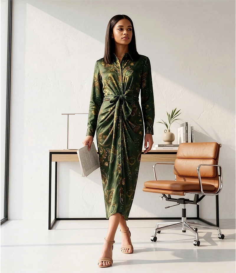 Alex Marie Adriana Printed Satin Collared Long Sleeve Tie Waist Dress