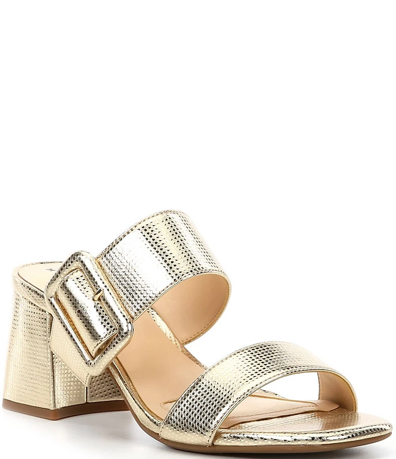 Alex Marie Alayne Metallic Leather Buckle Ornament Banded Slide Sandals