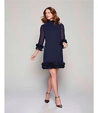Alex Marie Amelia Smocked Turtleneck Floral Petal Detail Illusion Ruffle Trim 3/4 Sleeve Chiffon Dress