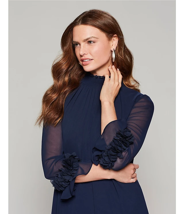 Alex Marie Amelia Smocked Turtleneck Floral Petal Detail Illusion Ruffle  Trim 3/4 Sleeve Chiffon Dress at Hamilton Place in Chattanooga, TN