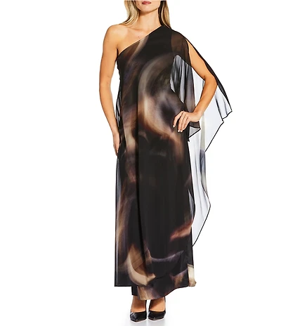 Alex Marie Angela Satin Chiffon Overlay One-Shoulder Long Sleeve Maxi Gown