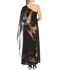 Alex Marie Angela Satin Chiffon Overlay One-Shoulder Long Sleeve Maxi Gown