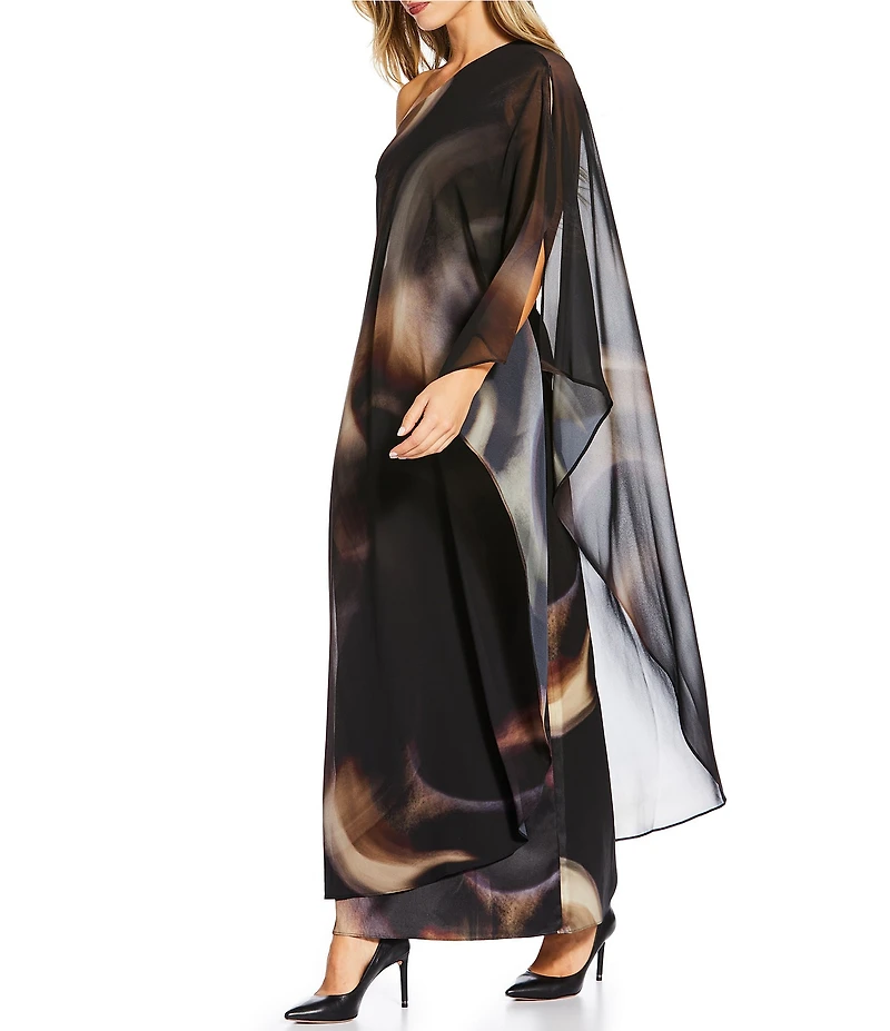 Alex Marie Angela Satin Chiffon Overlay One-Shoulder Long Sleeve Maxi Gown