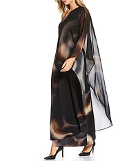 Alex Marie Angela Satin Chiffon Overlay One-Shoulder Long Sleeve Maxi Gown