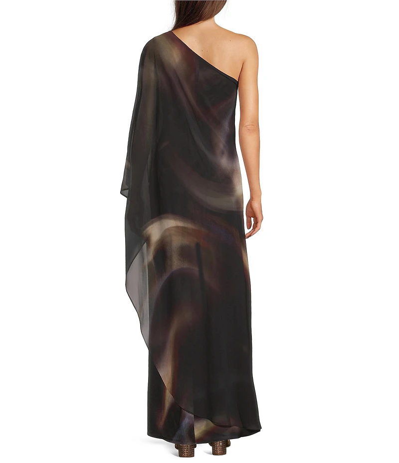 Alex Marie Angela Satin Chiffon Overlay One-Shoulder Long Sleeve Maxi Gown