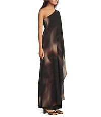 Alex Marie Angela Satin Chiffon Overlay One-Shoulder Long Sleeve Maxi Gown