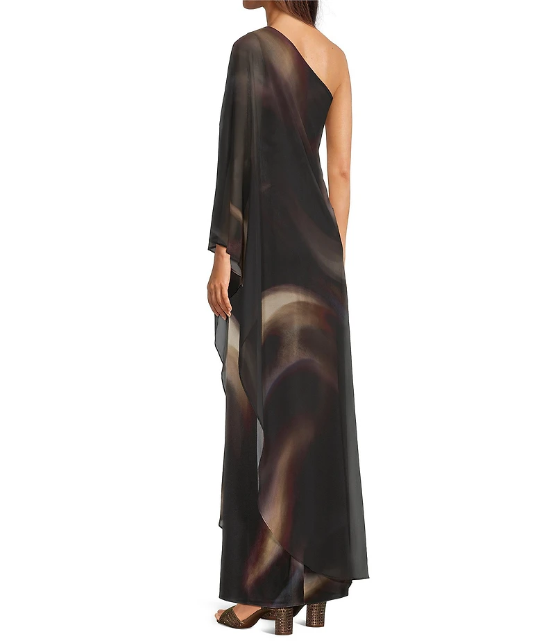 Alex Marie Angela Satin Chiffon Overlay One-Shoulder Long Sleeve Maxi Gown