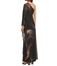 Alex Marie Angela Satin Chiffon Overlay One-Shoulder Long Sleeve Maxi Gown