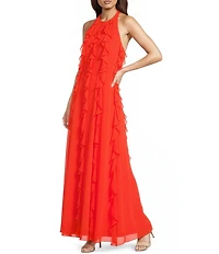 Alex Marie Beckett Halter Neckline Sleeveless Chiffon Ruffle Maxi Dress
