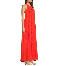 Alex Marie Beckett Halter Neckline Sleeveless Chiffon Ruffle Maxi Dress