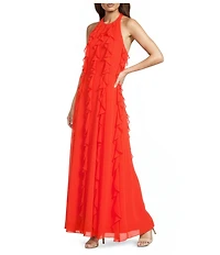 Alex Marie Beckett Halter Neckline Sleeveless Chiffon Ruffle Maxi Dress