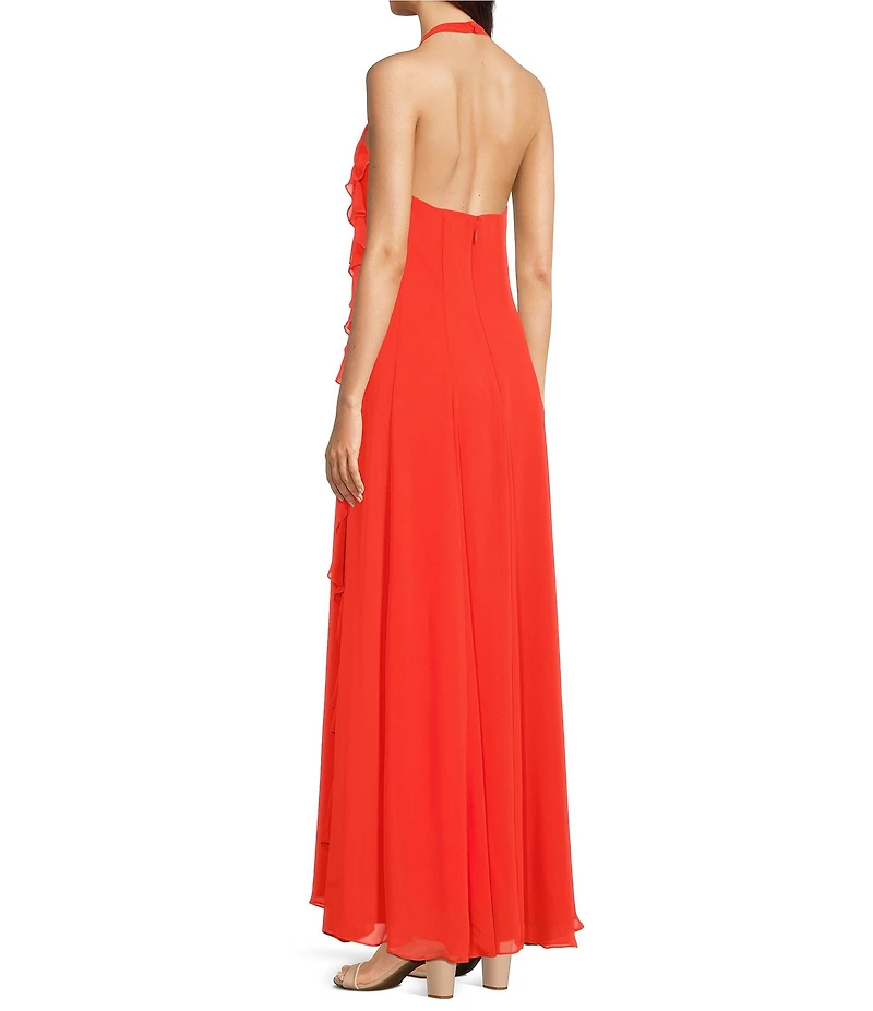 Alex Marie Beckett Halter Neckline Sleeveless Chiffon Ruffle Maxi Dress