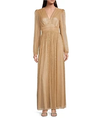 Alex Marie Bella Crinkle Metallic V-Neck Blouson Long Sleeve A-Line Gown