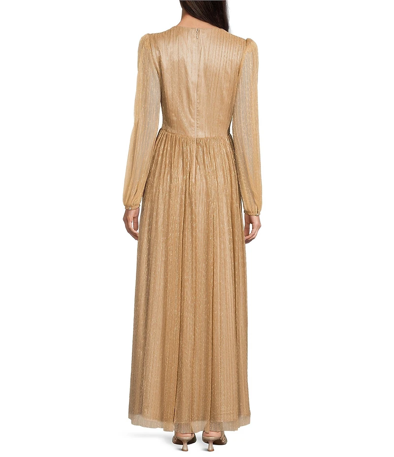 Alex Marie Bella Crinkle Metallic V-Neck Blouson Long Sleeve A-Line Gown