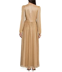 Alex Marie Bella Crinkle Metallic V-Neck Blouson Long Sleeve A-Line Gown