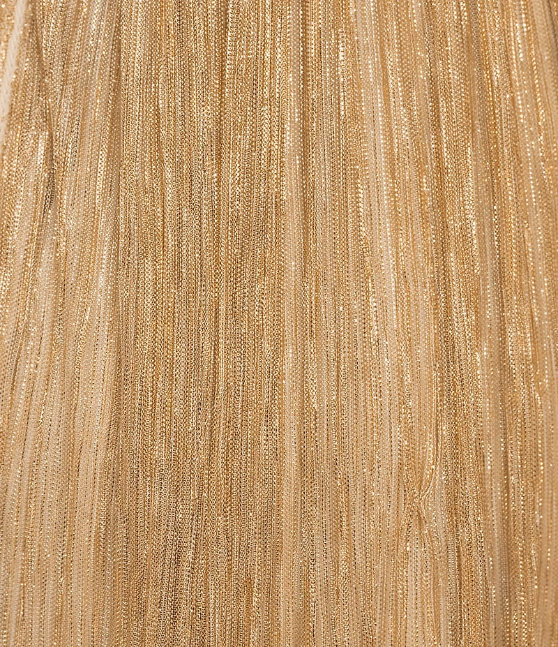 Alex Marie Bella Crinkle Metallic V-Neck Blouson Long Sleeve A-Line Gown