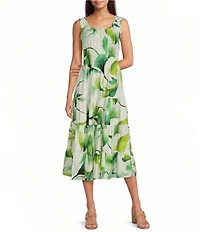 Alex Marie Bently Green Leaf Square Neck Sleeveless Printed Rayon Dress