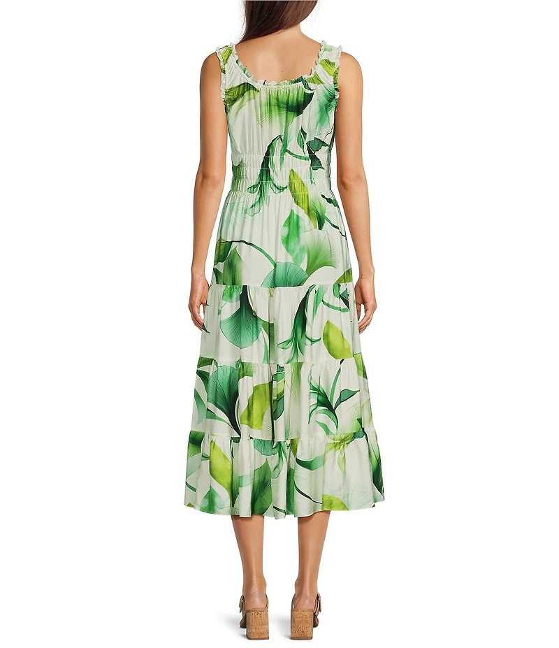 Alex Marie Bently Green Leaf Square Neck Sleeveless Printed Rayon Dress