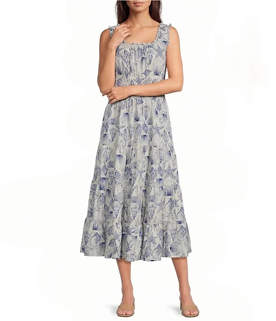 Alex Marie Bently Shell Print Square Neck Sleeveless Printed Poplin Dress