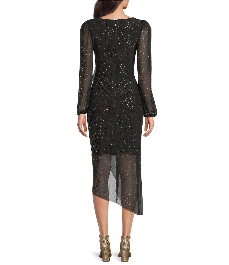 Alex Marie Boat Neck Beaded Mesh Long Sleeve Asymmetrical Dress
