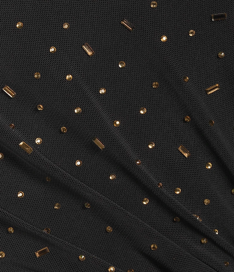 Alex Marie Boat Neck Beaded Mesh Long Sleeve Asymmetrical Dress