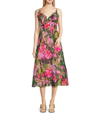 Alex Marie Brigitte Floral Sleeveless Printed V-Neck Organza A-Line Midi Dress