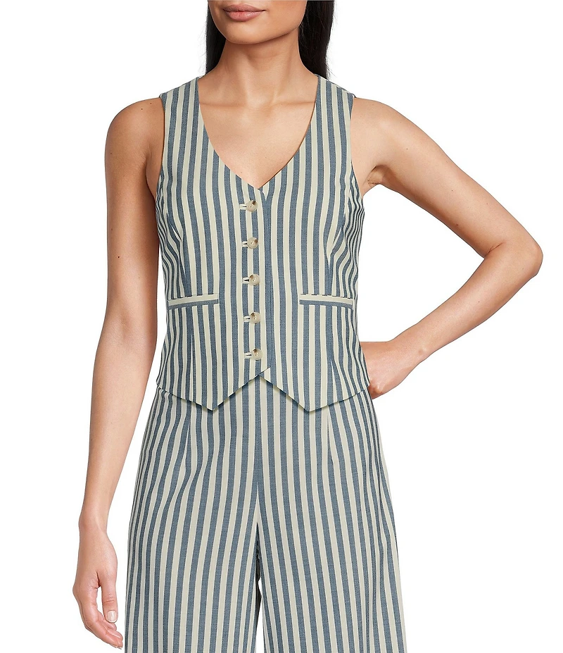 Alex Marie Brooke V-Neck Stretch Linen Blend Button Front Coordinating Vest