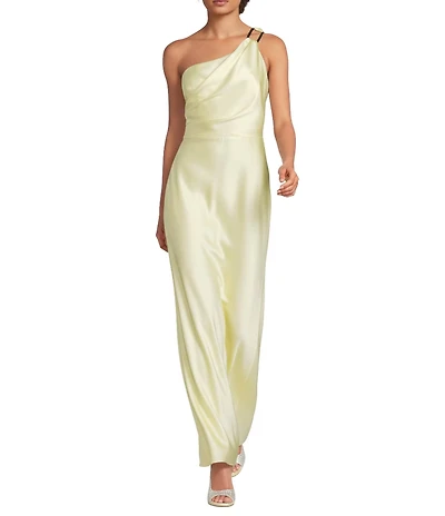Alex Marie Camila Stretch Satin Asymmetrical Neckline Sleeveless Long Dress
