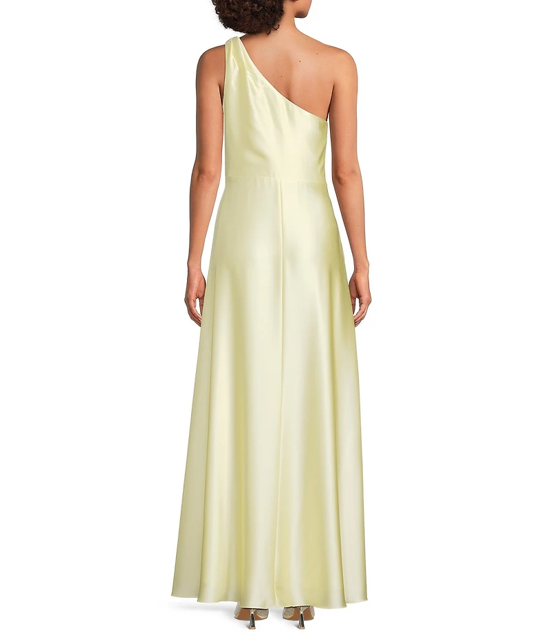 Alex Marie Camila Stretch Satin Asymmetrical Neckline Sleeveless Long Dress
