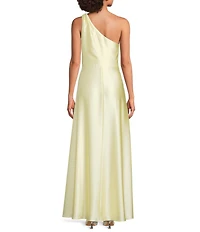 Alex Marie Camila Stretch Satin Asymmetrical Neckline Sleeveless Long Dress
