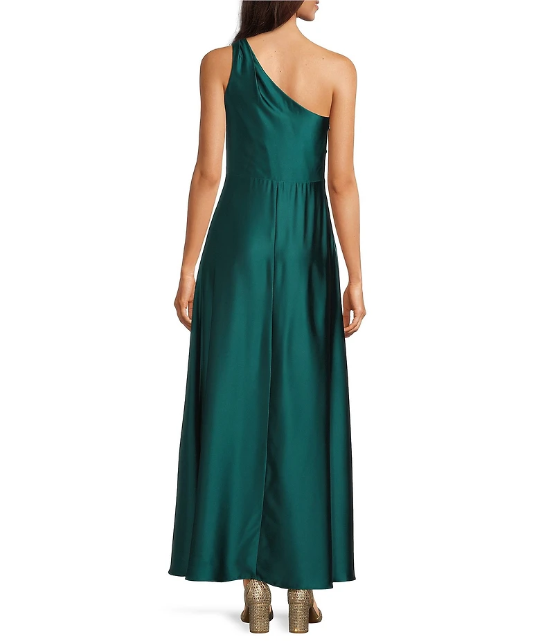 Alex Marie Camila Stretch Satin Asymmetrical One Shoulder Metal Loop Strap A-Line Maxi Dress