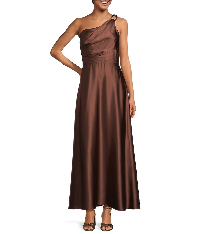 Alex Marie Camila Stretch Satin Asymmetrical One Shoulder Metal Loop Strap A-Line Maxi Dress