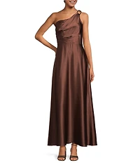 Alex Marie Camila Stretch Satin Asymmetrical One Shoulder Metal Loop Strap A-Line Maxi Dress